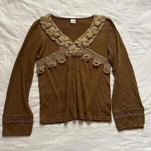 Axes Femme Orange Brown crochet detail long sleeve top with floral details